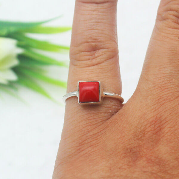 925 Sterling Silver Coral Ring Handmade Jewelry Gemstone Birthstone Ring hand picture