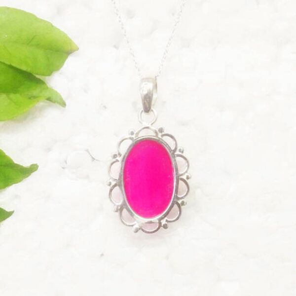 925 Sterling Silver Pink Agate Necklace Handmade Jewelry Gemstone Birthstone Pendant back picture