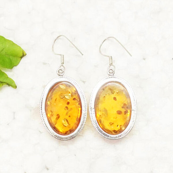 925 Sterling Silver Amber Earrings Handmade Jewelry Gemstone Birthstone Earrings back picture