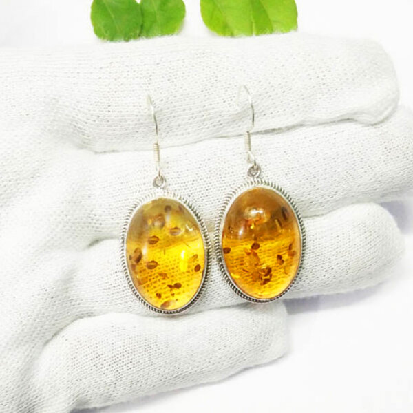 925 Sterling Silver Amber Earrings Handmade Jewelry Gemstone Birthstone Earrings hand picture