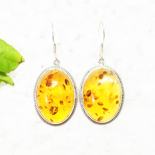 925 Sterling Silver Amber Earrings Handmade Jewelry Gemstone Birthstone Earrings front picture