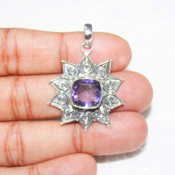 925 Sterling Silver Amethyst Necklace Handmade Jewelry Gemstone Birthstone Pendant hand picture