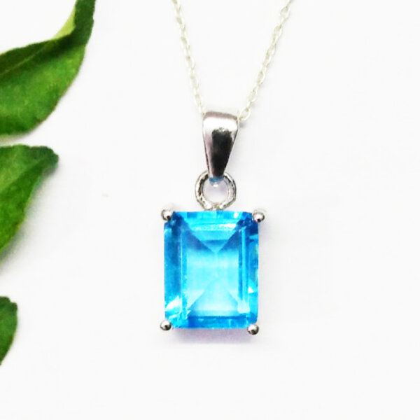 925 Sterling Silver Blue Topaz Necklace Handmade Jewelry Gemstone Birthstone Pendant front picture