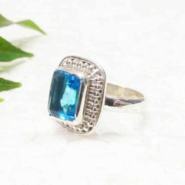 925 Sterling Silver Blue Topaz Ring Handmade Jewelry Gemstone Birthstone Ring side picture