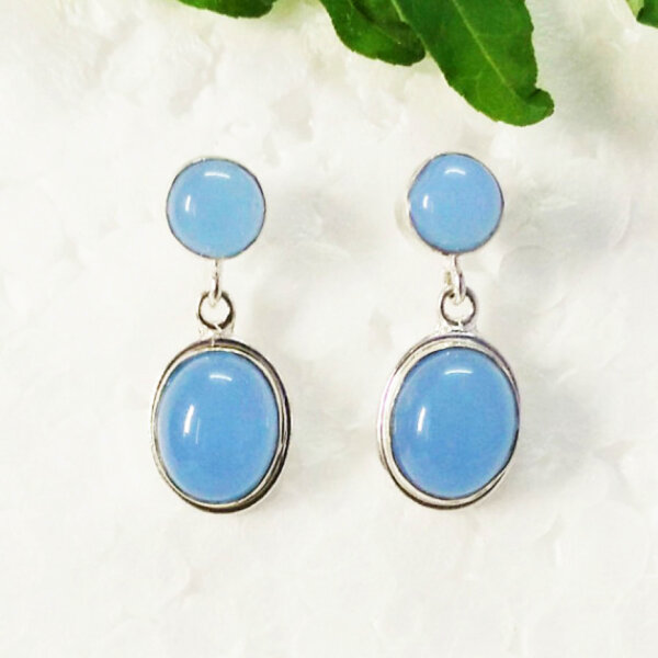 925 Sterling Silver Aqua Chalcedony Earrings Handmade Jewelry Gemstone Birthstone Earrings front picture