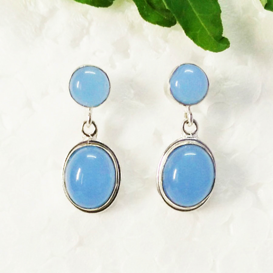 925 Sterling Silver Aqua Chalcedony Earrings, Handmade Gemstone Jewelry, Silver Drop Earrings, Gift For Her