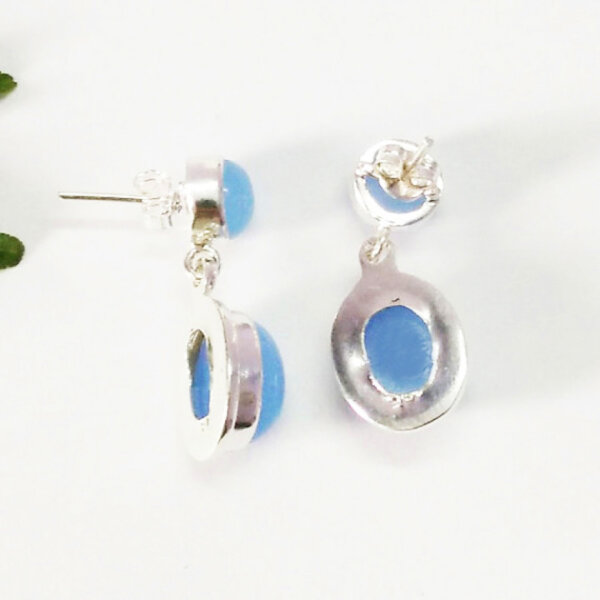 925 Sterling Silver Aqua Chalcedony Earrings Handmade Jewelry Gemstone Birthstone Earrings back picture