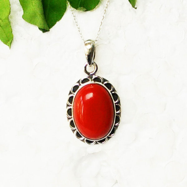 925 Sterling Silver Coral Necklace Handmade Jewelry Gemstone Birthstone Pendant front picture