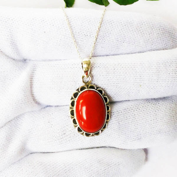 925 Sterling Silver Coral Necklace Handmade Jewelry Gemstone Birthstone Pendant hand picture