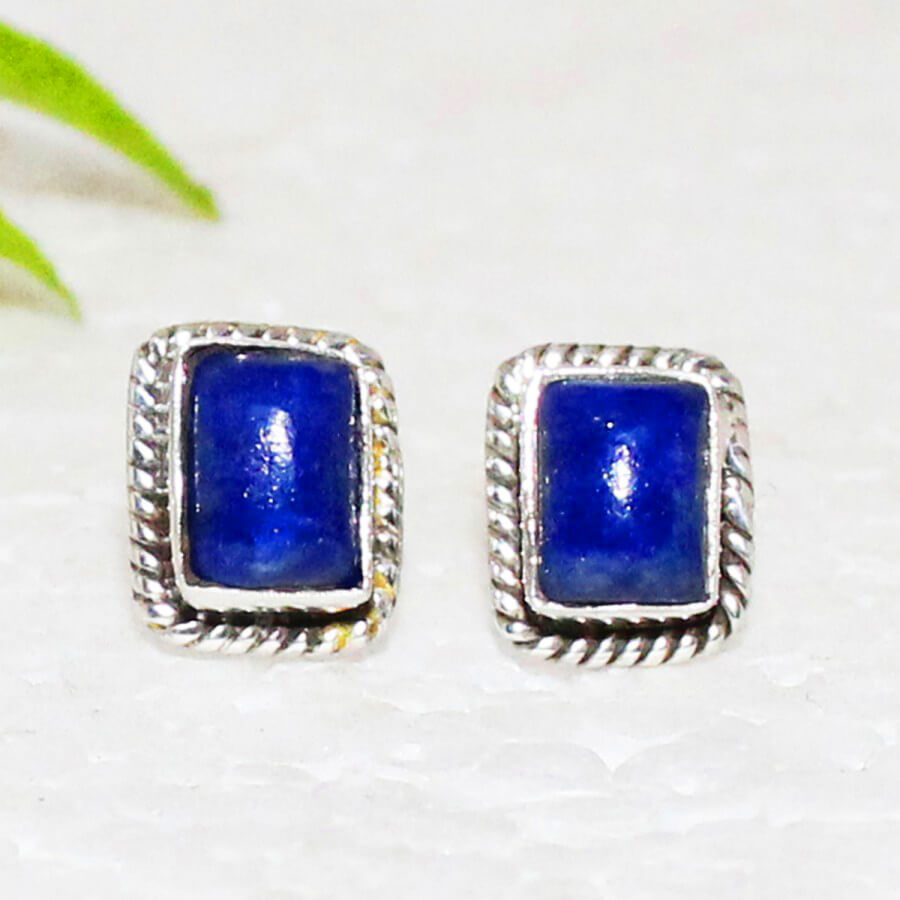 925 Sterling Silver Lapis Earrings, Handmade Gemstone Jewelry, Silver Stud Earrings, Gift For Her