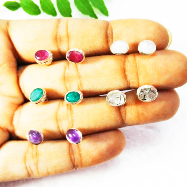 925 Sterling Silver Multi Stone Earrings 5 pairs Handmade Jewelry Gemstone Birthstone Earrings hand picture