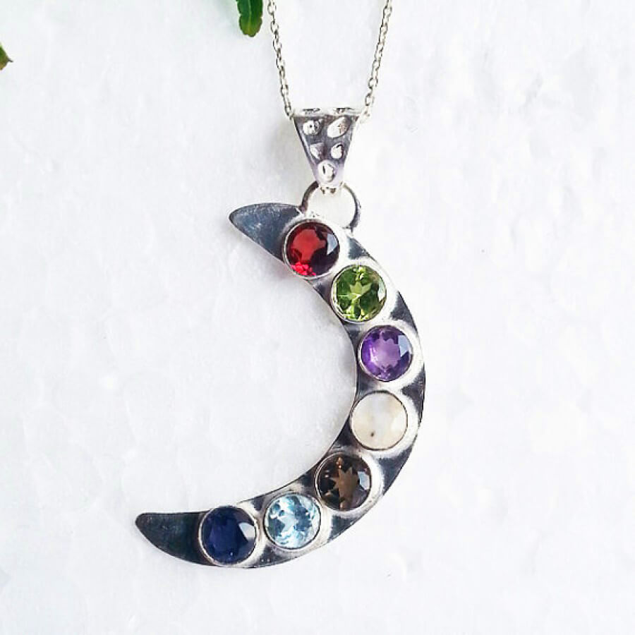 925 Sterling Silver Multi Stone Necklace, Handmade Jewelry, Gemstone Birthstone Necklace, Free Silver Chain 18″,Gift For Women