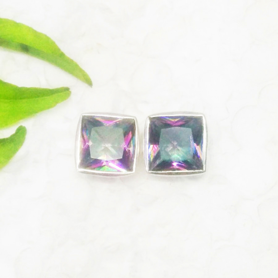 925 Sterling Silver Mystic Topaz Earrings, Handmade Gemstone Jewelry, Silver Stud Earrings, Gift For Her