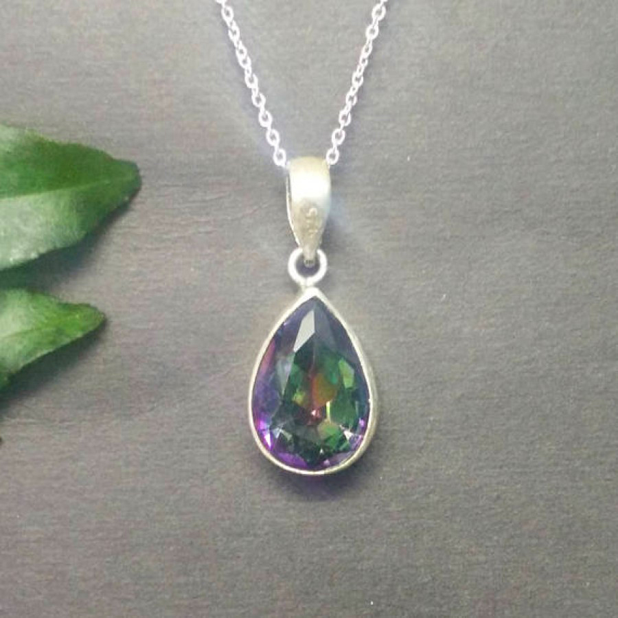 925 Sterling Silver Mystic Topaz Necklace, Handmade Jewelry, Gemstone Birthstone Necklace, Free Silver Chain 18″, Gift For Women