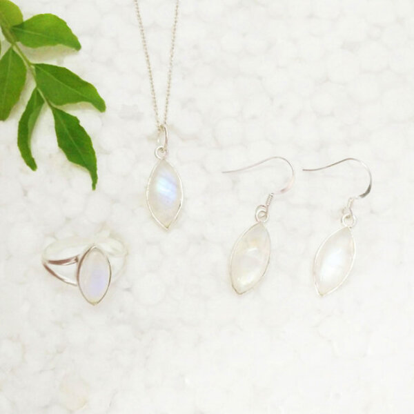 925 Sterling Silver Rainbow Moonstone Pendant Earrings Set front picture