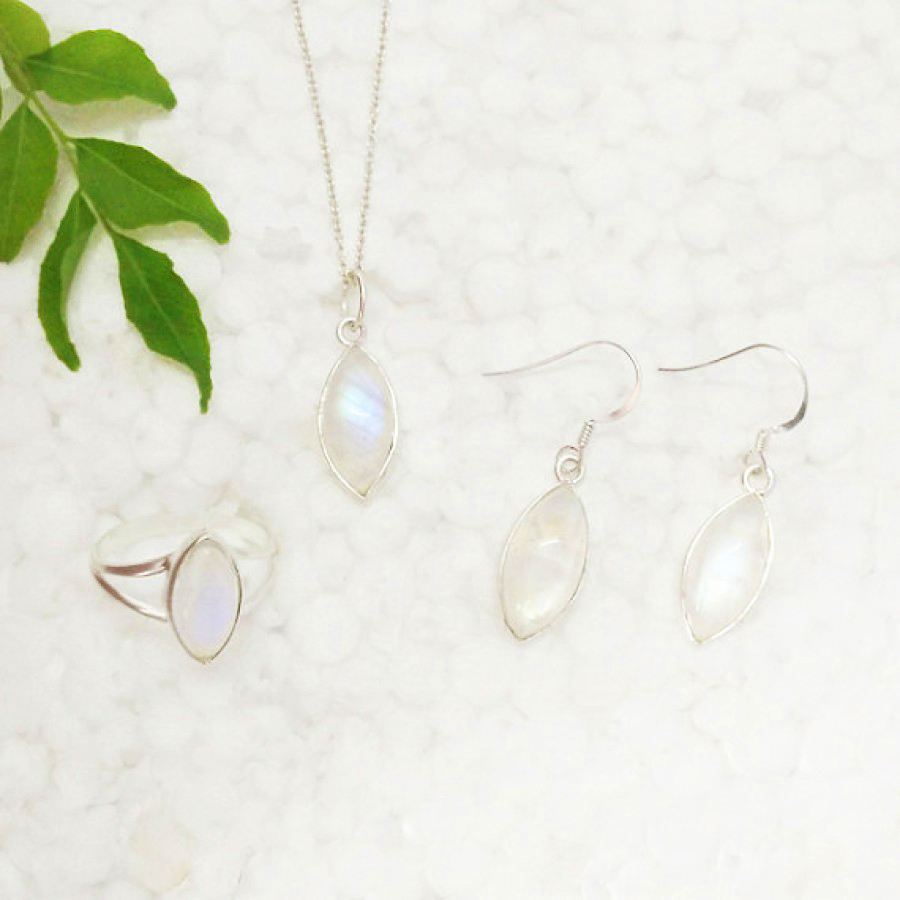 925 Sterling Silver Rainbow Moonstone Pendant Earrings Set, Handmade Birthstone Jewelry, Free Silver Chain 18″, Gift For Women