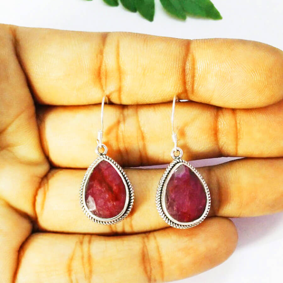 925 Sterling Silver Ruby Earrings, Handmade Birthstone Jewelry, Silver Earrings Dangle, Gift For Women