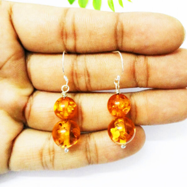 925 Sterling Silver Amber Earrings Handmade Jewelry Gemstone Birthstone Earrings hand picture