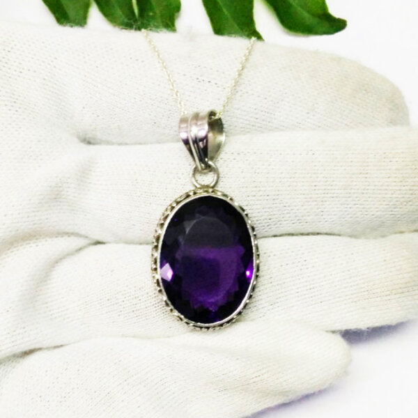 925 Sterling Silver Amethyst Necklace Handmade Jewelry Gemstone Birthstone Pendant hand picture