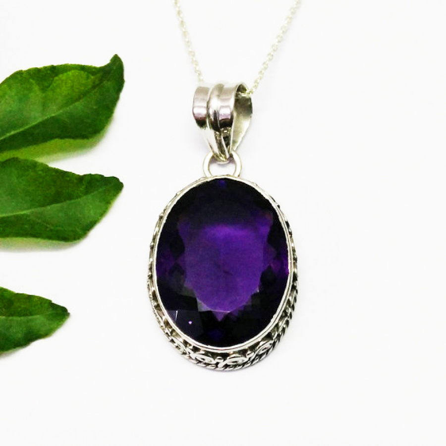 925 Sterling Silver Amethyst Necklace, Handmade Jewelry, Gemstone Birthstone Necklace, Free Silver Chain 18″, Gift For Women