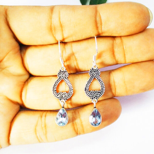 925 Sterling Silver Blue Topaz Earrings Handmade Jewelry Gemstone Birthstone Earrings hand picture