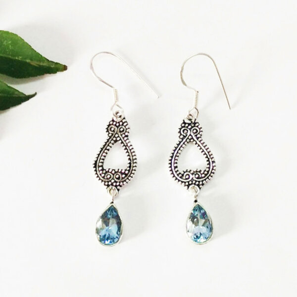 925 Sterling Silver Blue Topaz Earrings Handmade Jewelry Gemstone Birthstone Earrings front picture