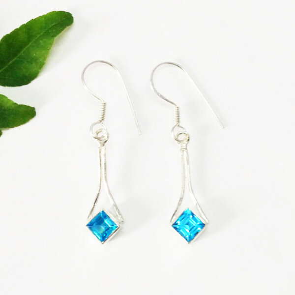 925 Sterling Silver Blue Topaz Earrings Handmade Jewelry Gemstone Birthstone Earrings front picture