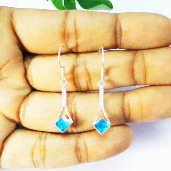 925 Sterling Silver Blue Topaz Earrings Handmade Jewelry Gemstone Birthstone Earrings hand picture