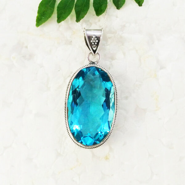 925 Sterling Silver Blue Topaz Necklace Handmade Jewelry Gemstone Birthstone Pendant front picture