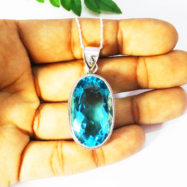 925 Sterling Silver Blue Topaz Necklace Handmade Jewelry Gemstone Birthstone Pendant hand picture