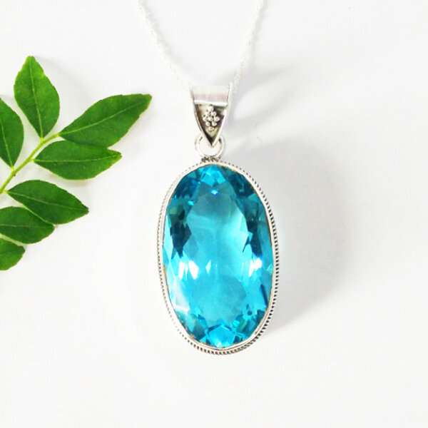 925 Sterling Silver Blue Topaz Necklace Handmade Jewelry Gemstone Birthstone Pendant front picture