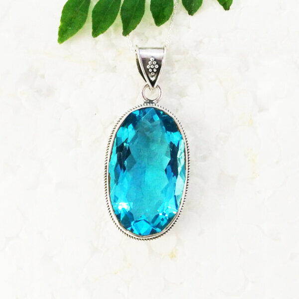 925 Sterling Silver Blue Topaz Necklace Handmade Jewelry Gemstone Birthstone Pendant