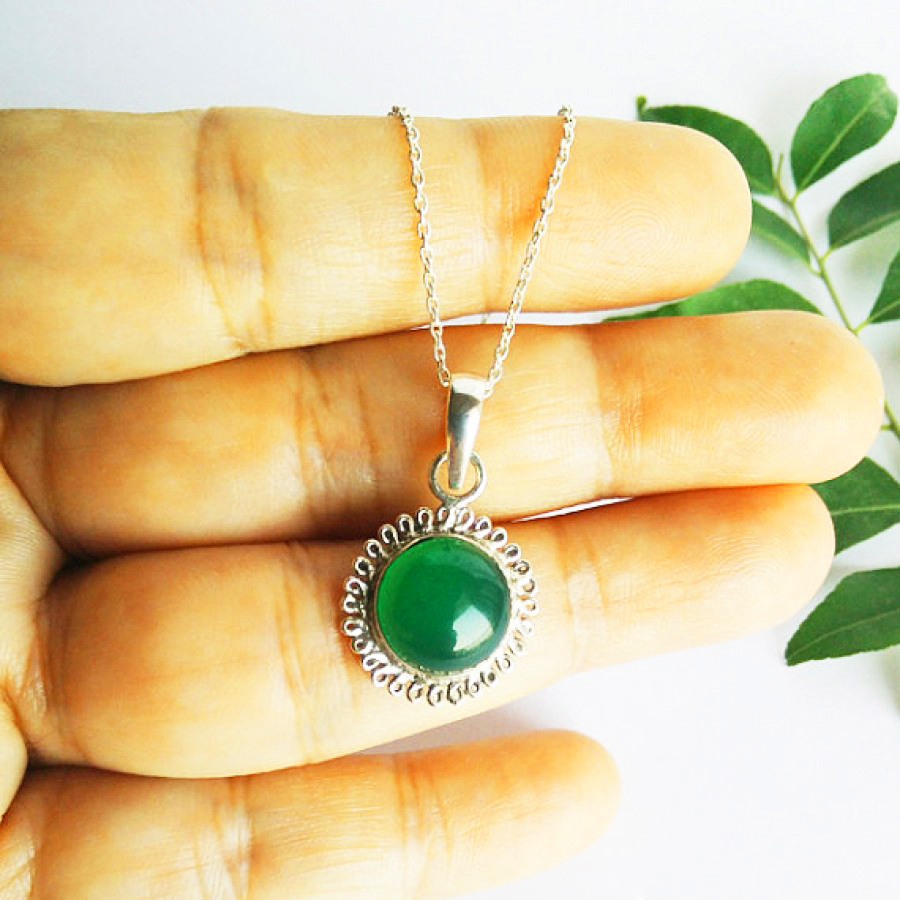 925 Sterling Silver Green Onyx Necklace, Handmade Jewelry, Gemstone Birthstone Necklace, Free Silver Chain 18″, Gift For Women