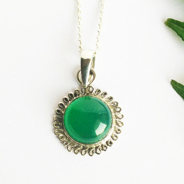 925 Sterling Silver Green Onyx Necklace Handmade Jewelry Gemstone Birthstone Pendant front picture