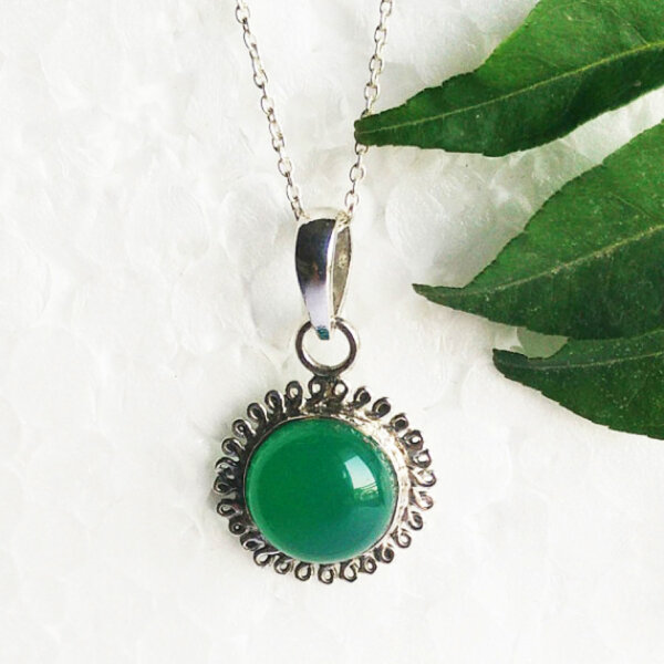 925 Sterling Silver Green Onyx Necklace Handmade Jewelry Gemstone Birthstone Pendant front picture