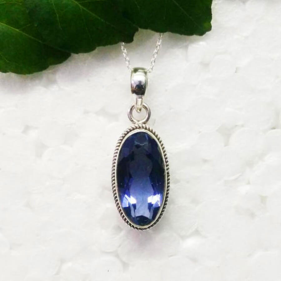 925 Sterling Silver Iolite Necklace, Handmade Jewelry, Gemstone Birthstone Necklace, Free Silver Chain 18″, Gift For Her