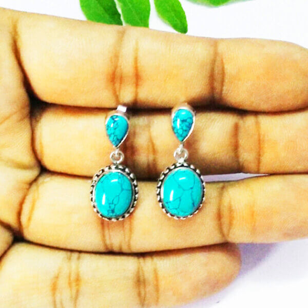 925 Sterling Silver Turquoise Earrings Handmade Jewelry Gemstone Birthstone Earrings hand picture