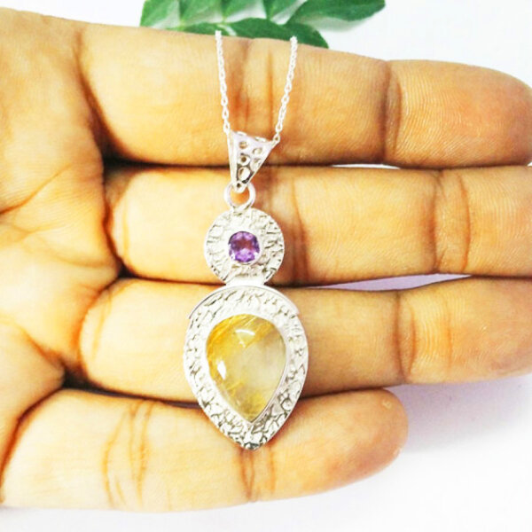 925 Sterling Silver Golden Rutilated Quartz Necklace Handmade Jewelry Gemstone Birthstone Pendant hand picture